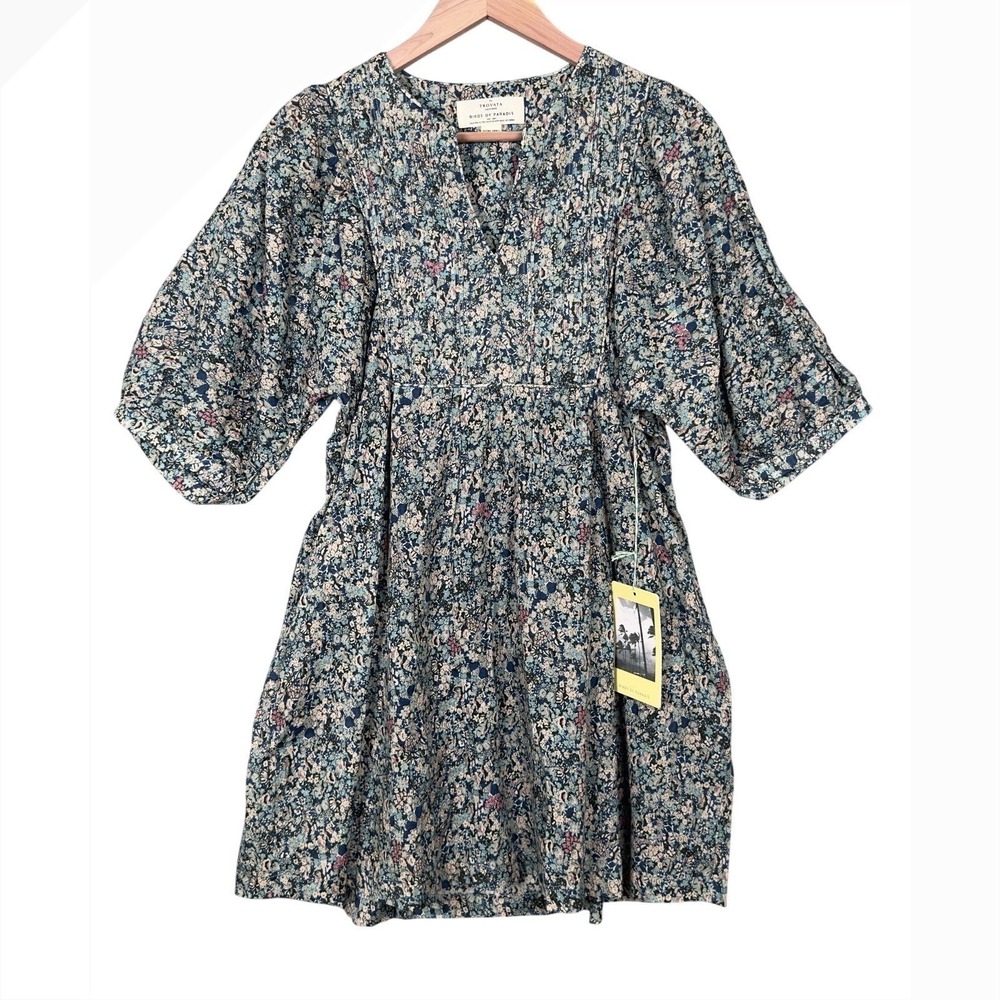 Trovata Birds of Paradis Paola Dress XS Blue Floral Pintuck Puff Sleeve‎ Boho